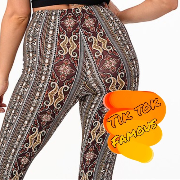 Tik Tok Famous Brown Multi Tribal Print Bell Bottom Flare Stretch Pants - Picture 3 of 12